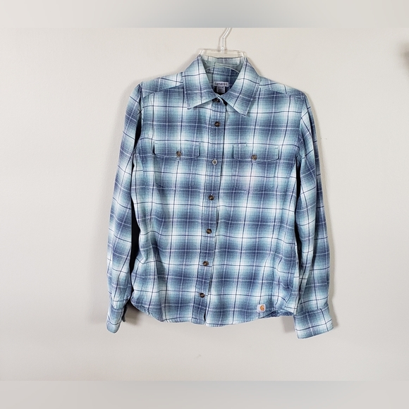 Carhartt Women's Blue Plaid Long Sleeve Button Up Shirt Size S - Picture 1 of 7